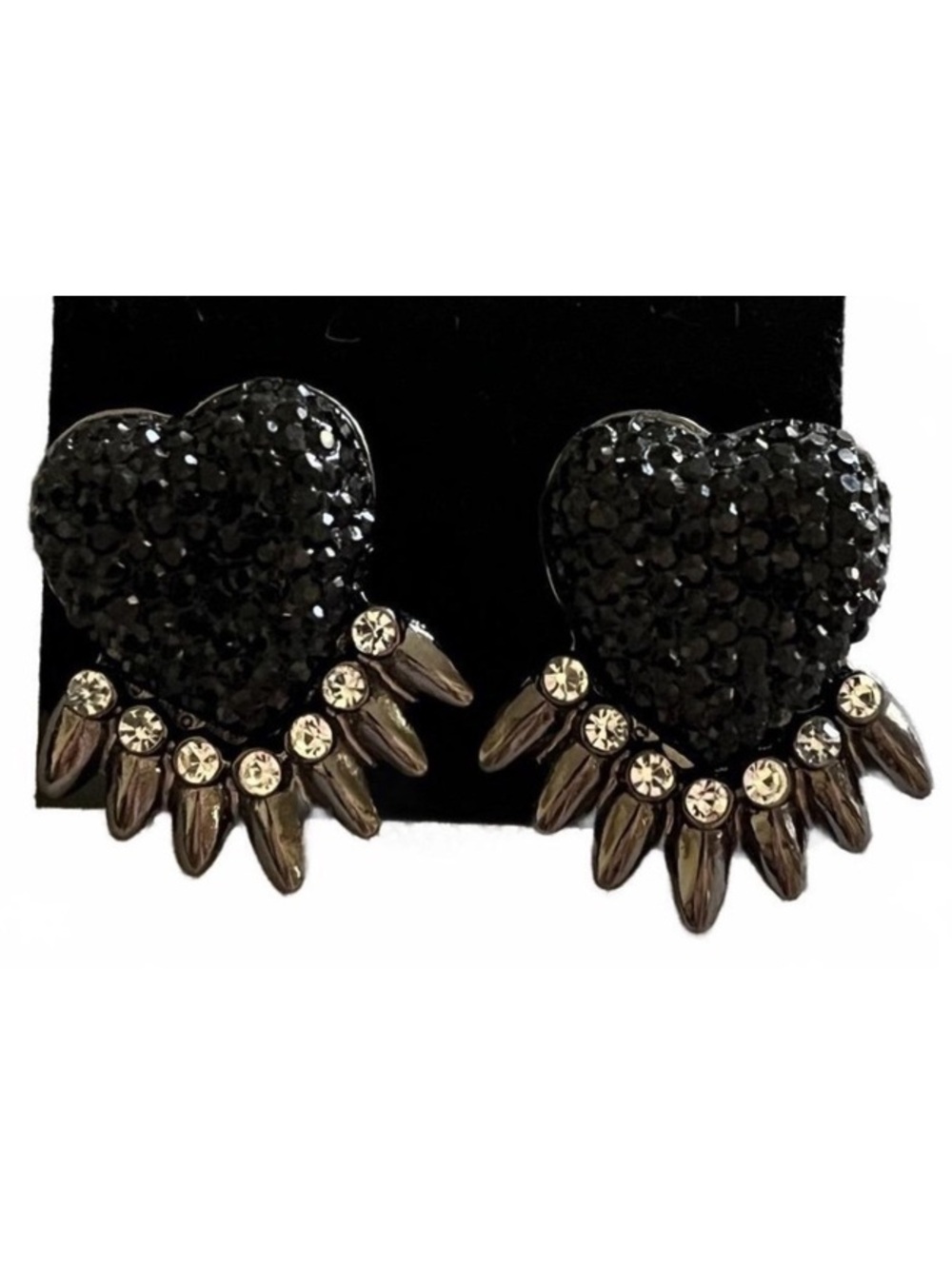 Black Heart Shaped Stud Earrings with Rhinestones and Spike Accents